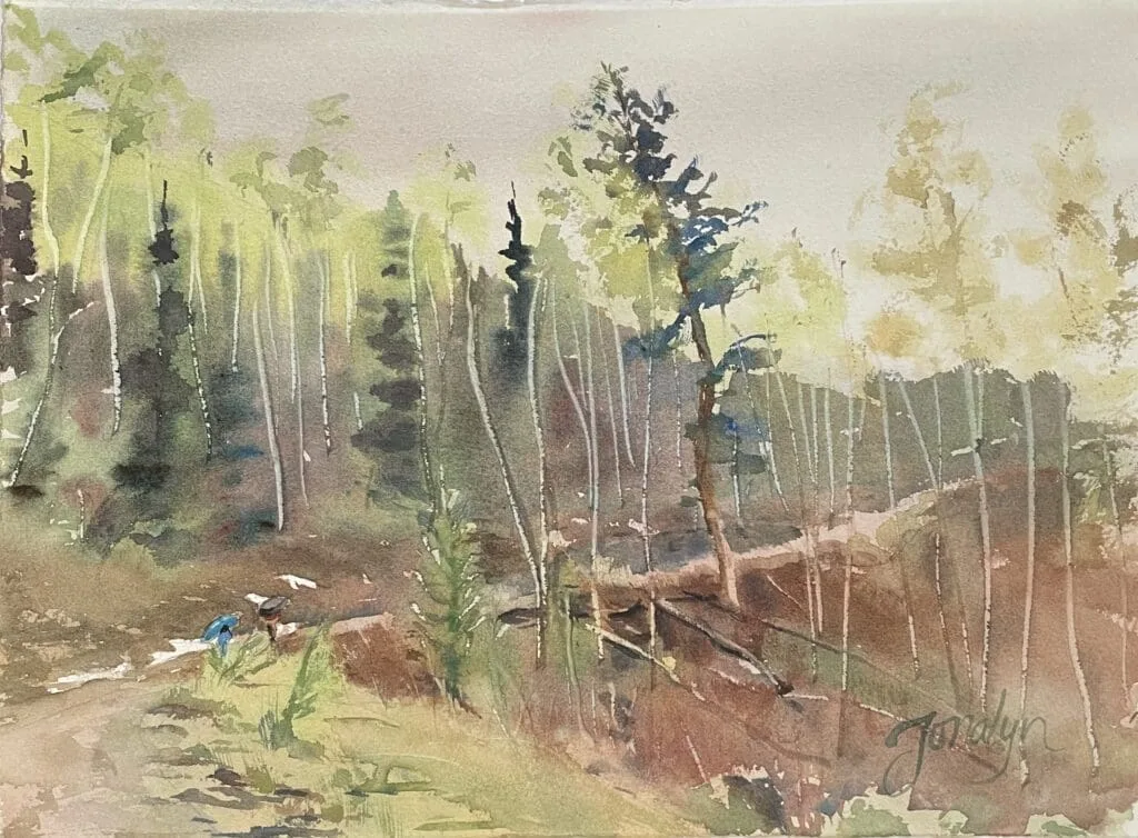 Wooded lane with two figures walking together