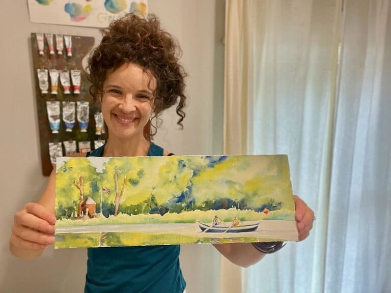 Jonalyn holding 22Powder House Row22 an original watercolor 522 x 1522