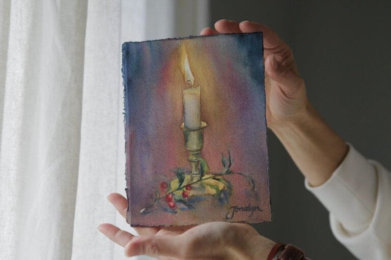 All is Bright watercolor of candle with holly in dark room 7.5 x 6