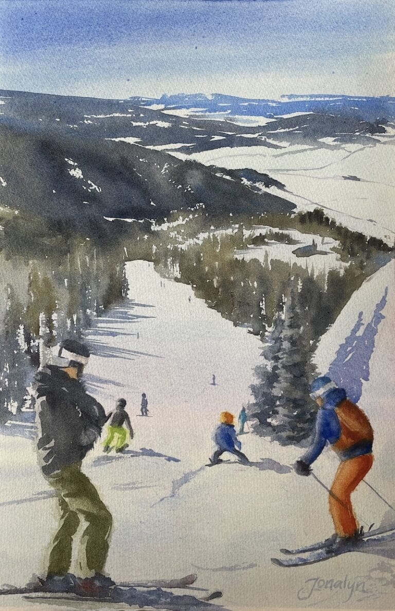 Watercolor painting of a family skiing together down the slopes in Steamboat Springs, Colorado