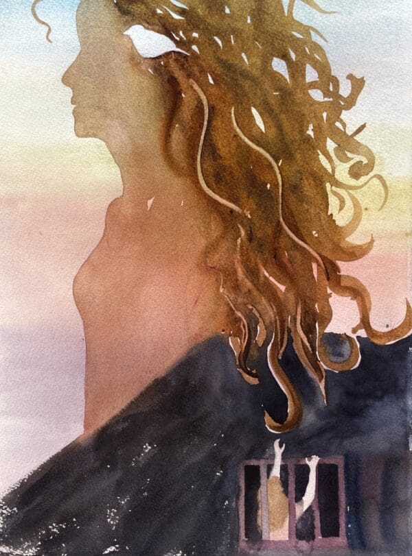 Miss Lady Grey A silhouette of a woman, curls frame her face and reach down to provide a handhold to help a young girl escape from a prison below. In the woman’s hair sits a finch bird, the same bird that forms our Lady Grey logo. I painted “Miss Lady Grey” to remind me of how the darkest pits became paths to my best joys.