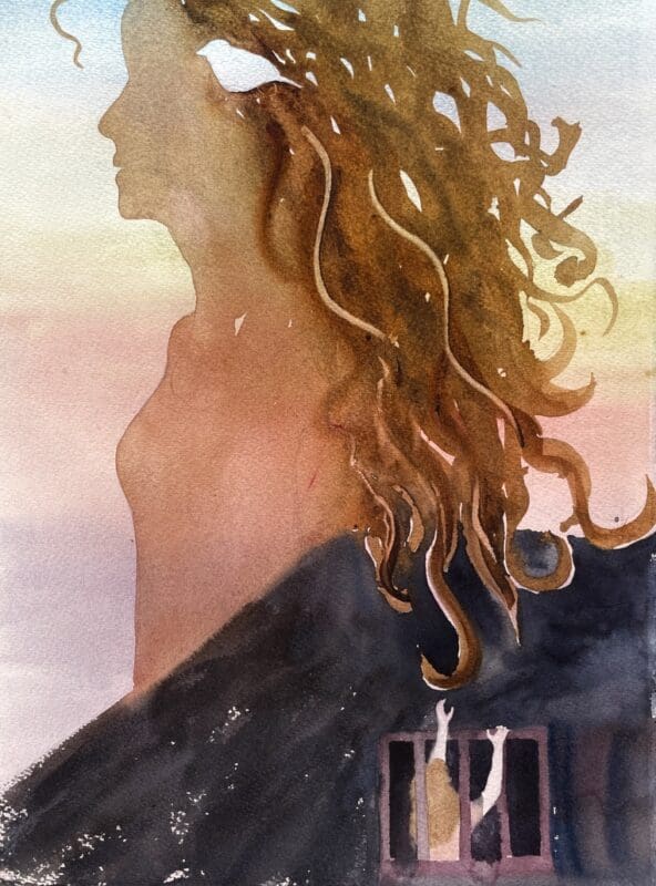 A silhouette of a woman, curls frame her face and reach down to provide a handhold to help a young girl escape from a prison below. In the woman’s hair sits a finch bird, the same bird that forms our Lady Grey logo. I painted “Miss Lady Grey” to remind me of how the darkest pits became paths to my best joys.