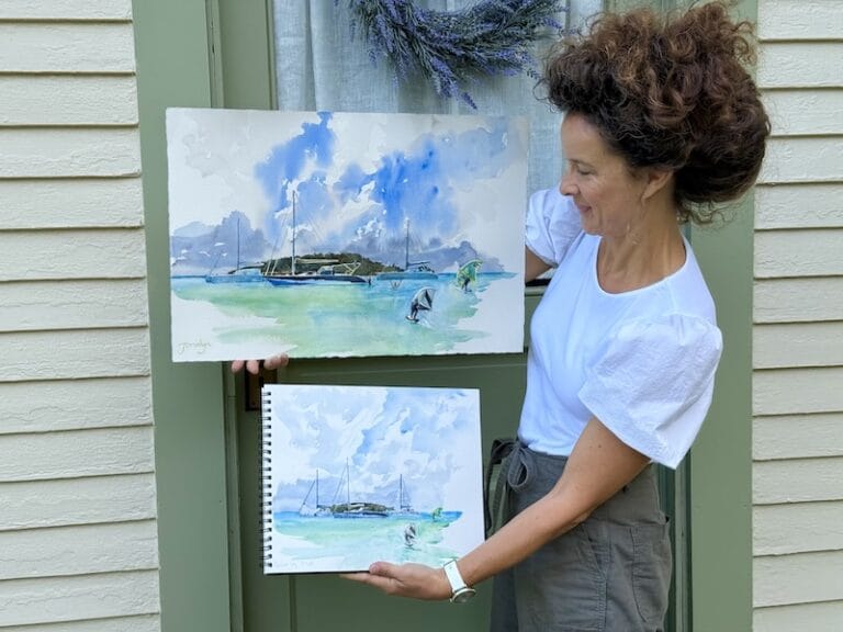 Pictures of artist Jonalyn holding two commissioned paintings of boats in Bahamas